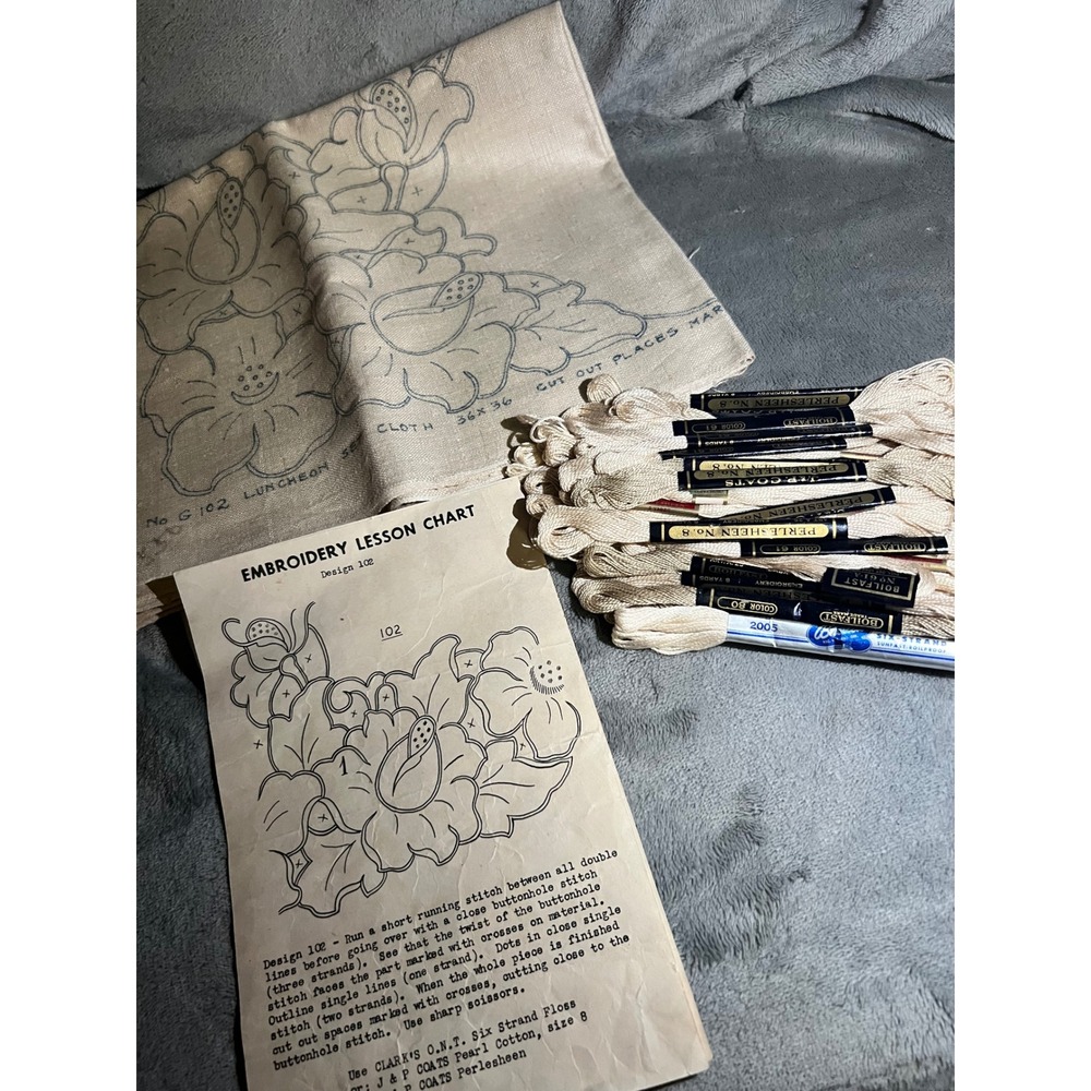 Vintage Embroidery Luncheon Set Design 102 Stamped Linen J&P Coats Thread Floral